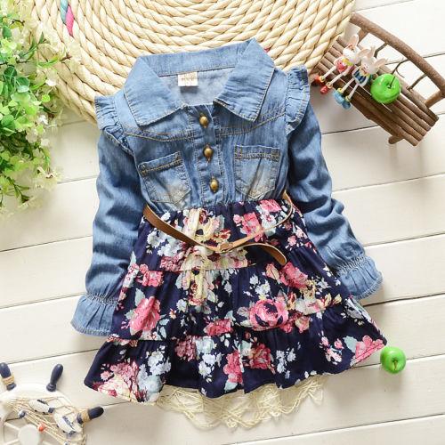 Baby Girl Denim Party Pageant Casual Flower Dress