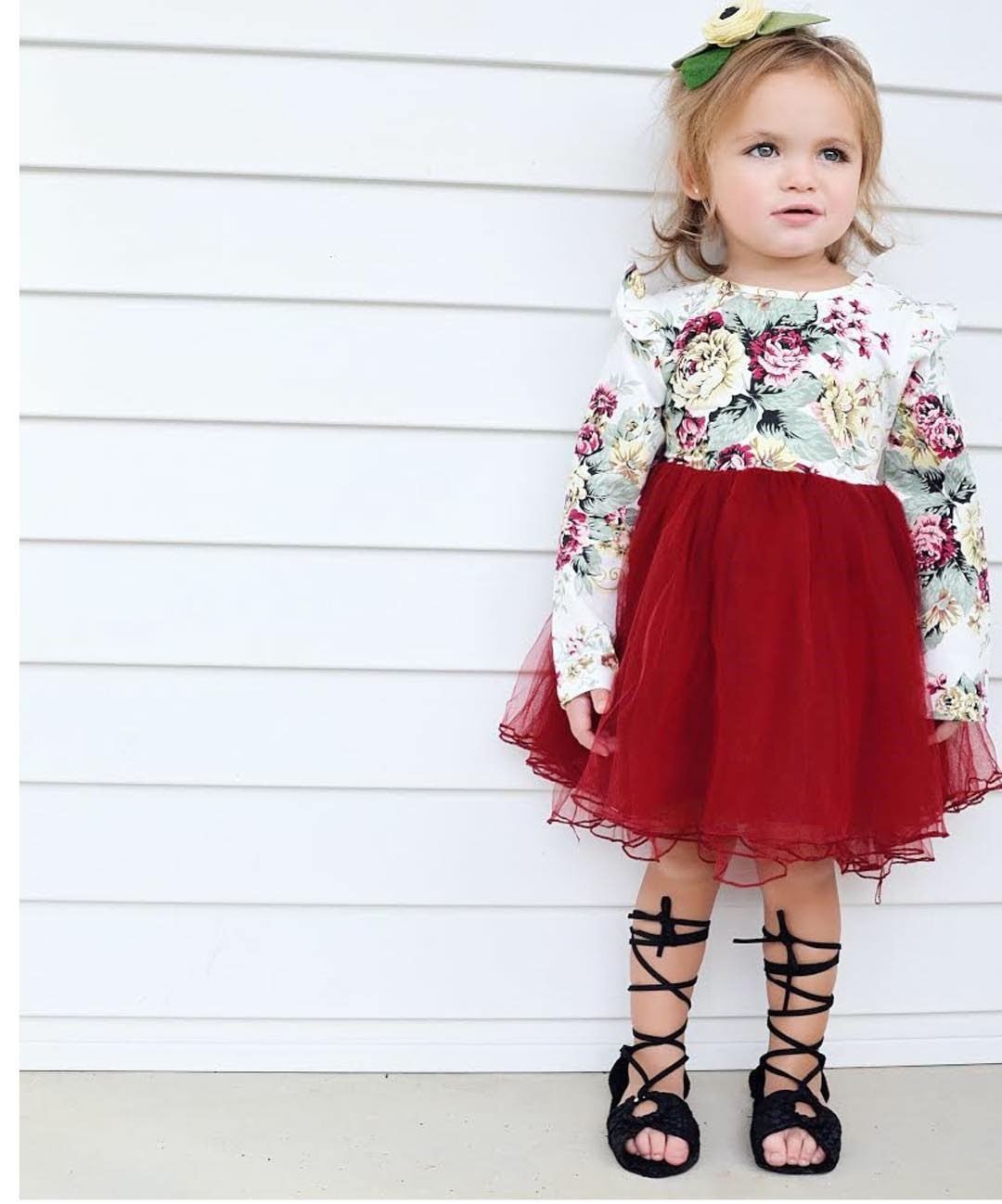 Girls Long Sleeve Flower Tulle Bow Christmas Flower Dresses