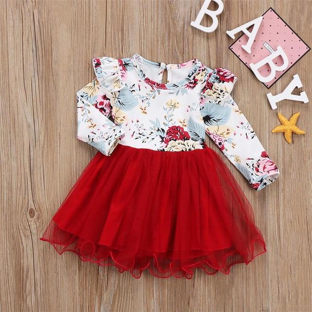 Girls Long Sleeve Flower Tulle Bow Christmas Flower Dresses