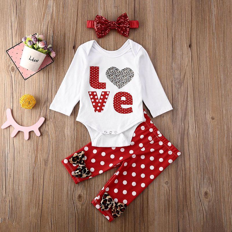Baby Girl Love Polka Dot Leopard Print Valentine Outfit 3 Pcs Sets
