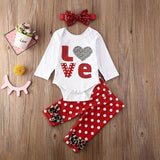 Baby Girl Love Polka Dot Leopard Print Valentine Outfit 3 Pcs Sets