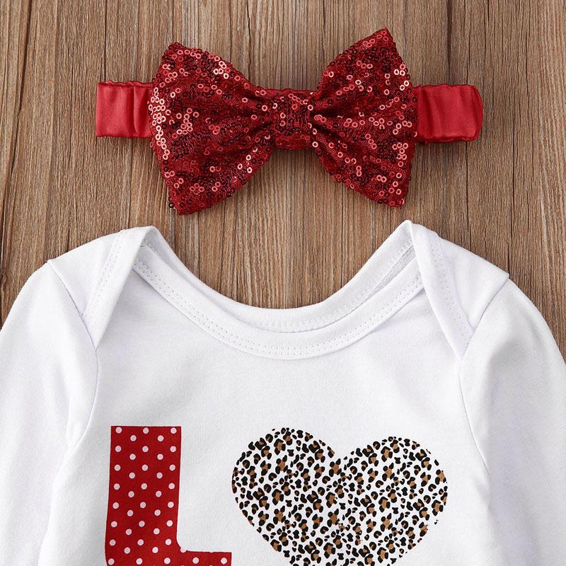 Baby Girl Love Polka Dot Leopard Print Valentine Outfit 3 Pcs Sets