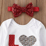 Baby Girl Love Polka Dot Leopard Print Valentine Outfit 3 Pcs Sets