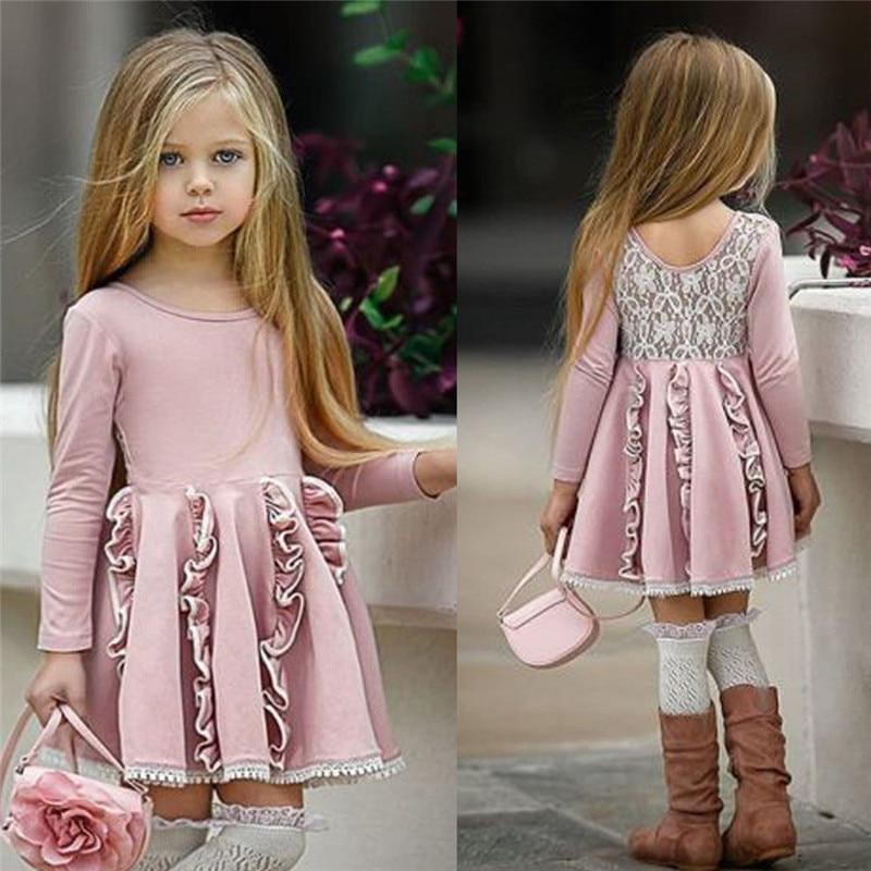 2-7Y Girl Patchwork Long Sleeve Party Casual Dresses