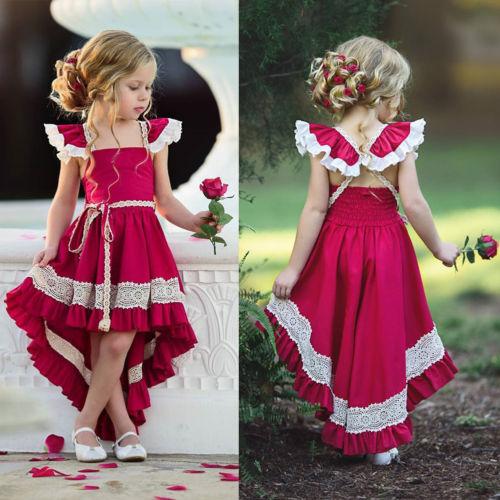 Kids Princess Lace Ruffle Irregular Beach Wedding Party Dresses