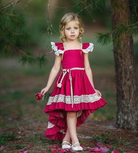 Kids Princess Lace Ruffle Irregular Beach Wedding Party Dresses