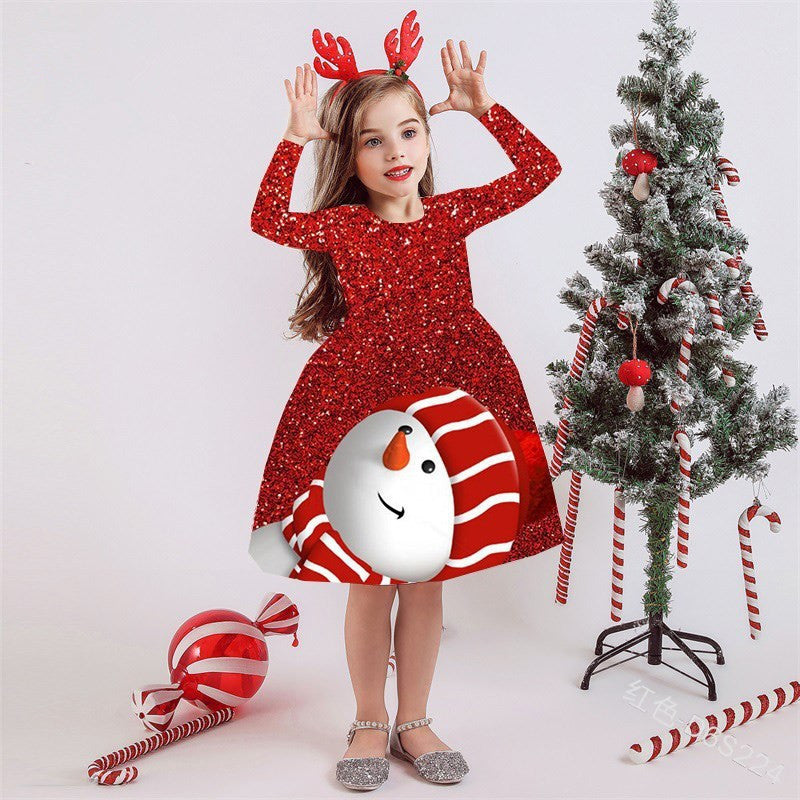 Kid Baby Girl Long Sleeve Round Neck Christmas Print Dress