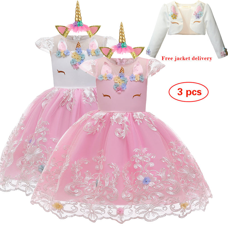 Girl Embroidery Unicorn Big Bow Princess Dress Wedding Party Kids Dresses - honeylives