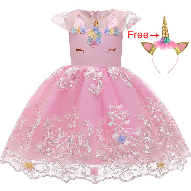 Girl Embroidery Unicorn Big Bow Princess Dress Wedding Party Kids Dresses - honeylives