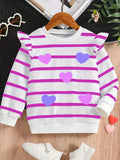 Kid Girls Striped Hearts Pattern Print Ruffle Long Sleeve Round Neck Shirts