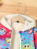 Kid Girls Teddy Fleece Colorful Cartoon Print Thick Winter Warm Zip Hooded Coat