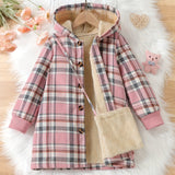 Kid Girl Cozy Fleece  Soft Thick Warm Winter Plaid Hooded Coat