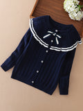 Kid Girls Elegant Crew Neck Long Sleeve Raglan Knit Cardigan Soft Sweaters