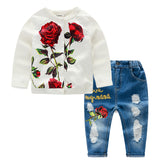 Kid Baby Girls Autumn Long Sleeve Embossed Jeans Suit 2 Pcs Sets