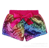 Kid Girl Bow Rainbow Sequins Fitted Cotton Shorts Pants