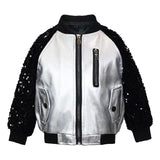 Kid Girls Metal Shiny Baseball Silver Leather Jacket Coats