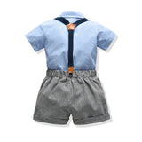 Kid Baby Boy  Lapel Short Sleeve Plaid Strap 4 Pcs Set