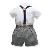 Kid Baby Boy  Lapel Short Sleeve Plaid Strap 4 Pcs Set