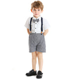 Kid Baby Boy  Lapel Short Sleeve Plaid Strap 4 Pcs Set