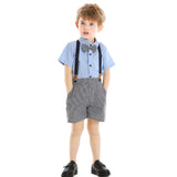 Kid Baby Boy  Lapel Short Sleeve Plaid Strap 4 Pcs Set