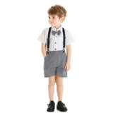 Kid Baby Boy  Lapel Short Sleeve Plaid Strap 4 Pcs Set