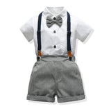 Kid Baby Boy  Lapel Short Sleeve Plaid Strap 4 Pcs Set