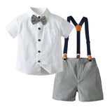 Kid Baby Boy  Lapel Short Sleeve Plaid Strap 4 Pcs Set