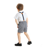 Kid Baby Boy  Lapel Short Sleeve Plaid Strap 4 Pcs Set