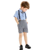 Kid Baby Boy  Lapel Short Sleeve Plaid Strap 4 Pcs Set