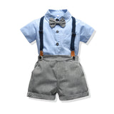 Kid Baby Boy  Lapel Short Sleeve Plaid Strap 4 Pcs Set