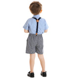 Kid Baby Boy  Lapel Short Sleeve Plaid Strap 4 Pcs Set