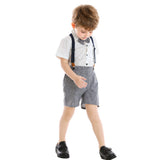 Kid Baby Boy  Lapel Short Sleeve Plaid Strap 4 Pcs Set