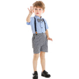 Kid Baby Boy  Lapel Short Sleeve Plaid Strap 4 Pcs Set