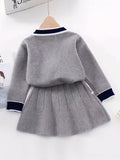 Kid Baby Girl Preppy Cable Knit Cardigan Button Decor V-neck 2 Pcs Sets