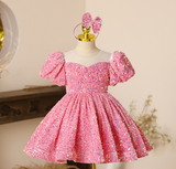 Kid Baby Girl Sequin Bubble Sleeve Princess Performance Dress