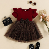 Kid Girl Black Pit Stripe Patchwork Leopard Print Mesh Dress
