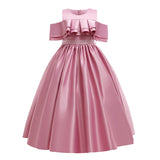 Kid Girl Satin Princess Pleated Long Detachable Temperament Hosting Dresses