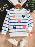 Kid Girls Striped Hearts Pattern Print Ruffle Long Sleeve Round Neck Shirts