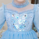 Kid Girl Snow Print Mesh Long Sleeve Tiered Princess Long Dress