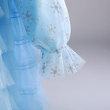 Kid Girl Snow Print Mesh Long Sleeve Tiered Princess Long Dress