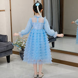 Kid Girl Snow Print Mesh Long Sleeve Tiered Princess Long Dress