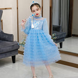 Kid Girl Snow Print Mesh Long Sleeve Tiered Princess Long Dress