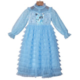 Kid Girl Snow Print Mesh Long Sleeve Tiered Princess Long Dress