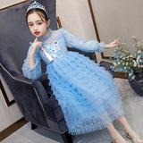 Kid Girl Snow Print Mesh Long Sleeve Tiered Princess Long Dress