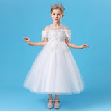 Kid Girl Princess Lace One-line Shoulder Long Flower Wedding Dresses