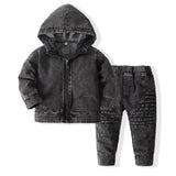 6M-5T Kid Baby Boys Denim Korean Long-sleeve Hooded Suits 2 Pcs Set