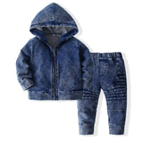 6M-5T Kid Baby Boys Denim Korean Long-sleeve Hooded Suits 2 Pcs Set