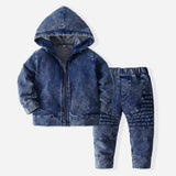 6M-5T Kid Baby Boys Denim Korean Long-sleeve Hooded Suits 2 Pcs Set