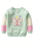 Kid Girl Delight Crew Neck Butterfly Embroidery Sweater Top