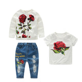 Kid Baby Girls Autumn Long Sleeve Embossed Jeans Suit 2 Pcs Sets